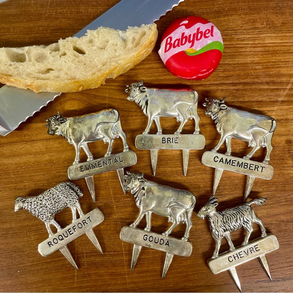 6 Silea Vintage French Cheese Markers Silver Plated Charcuterie Cow Goat Sheep